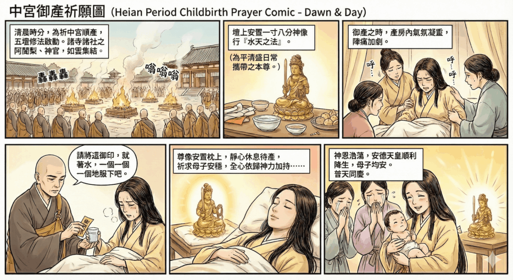 根據《源平盛衰記》卷第十〈中宮御産事〉的描述