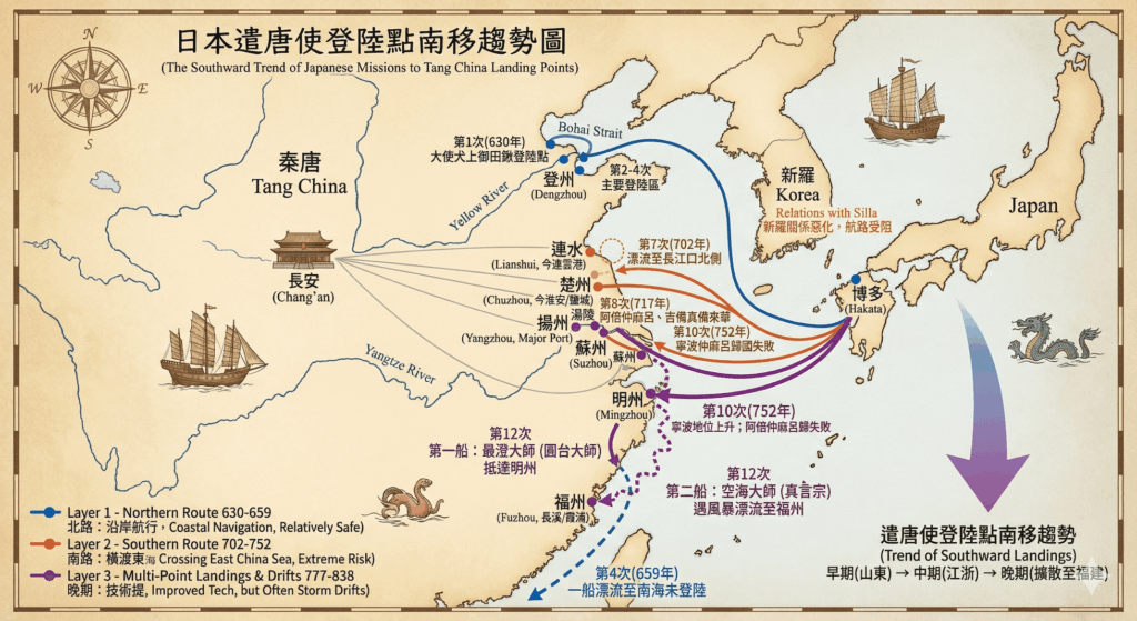 日本派遣使者學習中國文化的航海路線，越來越往南，最後幾次甚至到了寧波和福建