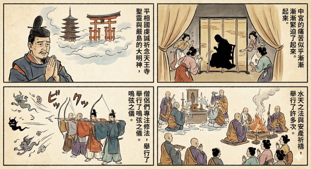 根據《平家物語》不同譯本對皇后生產當天的描述